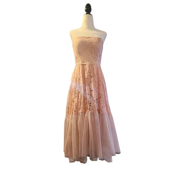Vintage Peach Pink Prom Strapless Tea Length Dress Lace Toole 80s does 50s - Picture 1 of 6